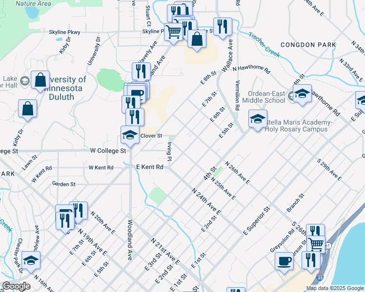 map of restaurants, bars, coffee shops, grocery stores, and more near 2510 East 6th Street in Duluth