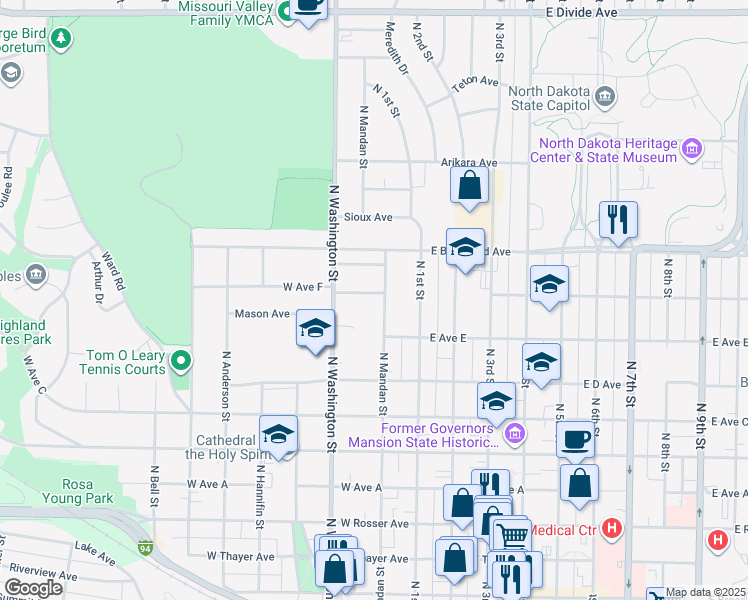 map of restaurants, bars, coffee shops, grocery stores, and more near 920 North Mandan Street in Bismarck