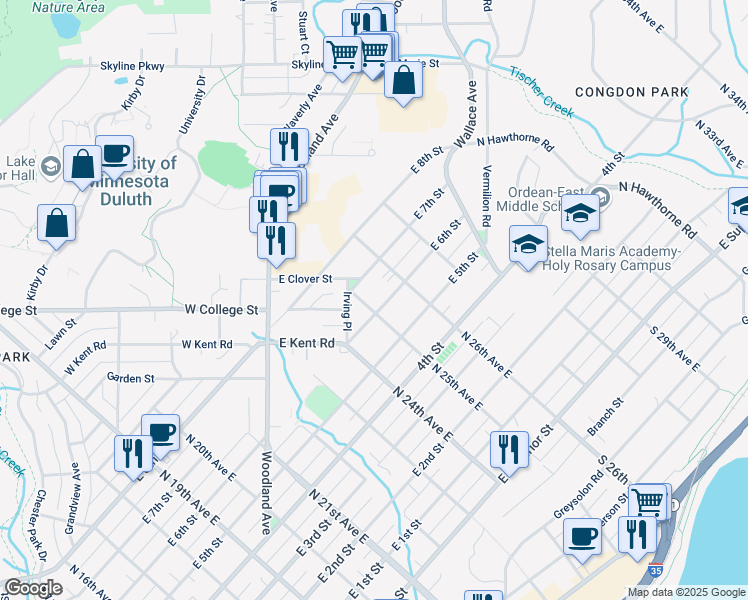 map of restaurants, bars, coffee shops, grocery stores, and more near 2510 East 6th Street in Duluth