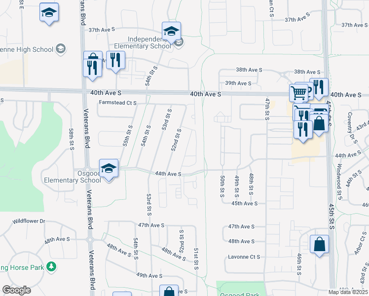 map of restaurants, bars, coffee shops, grocery stores, and more near 4290 52nd Street South in Fargo