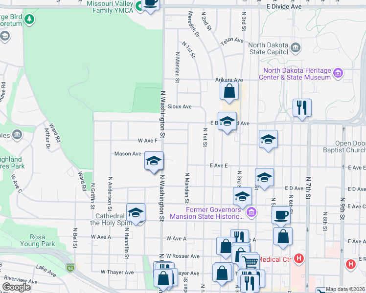 map of restaurants, bars, coffee shops, grocery stores, and more near 920 North Mandan Street in Bismarck