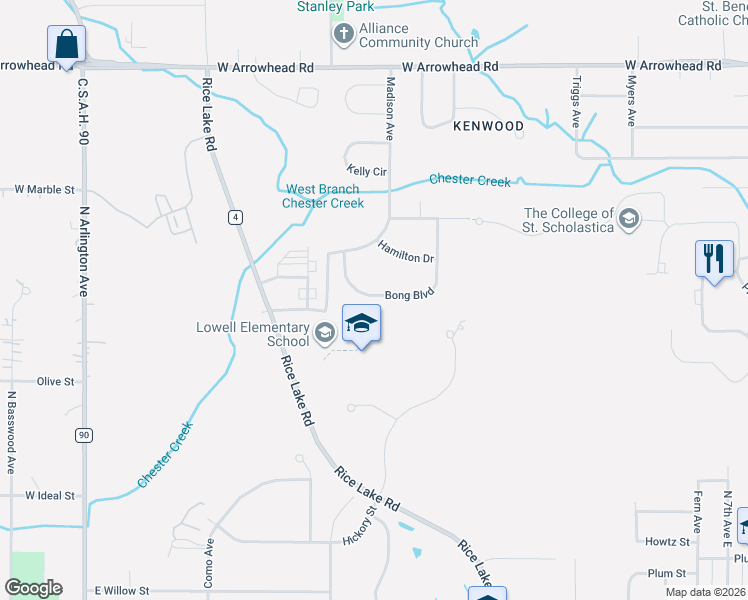 map of restaurants, bars, coffee shops, grocery stores, and more near 1102 Bong Boulevard in Duluth