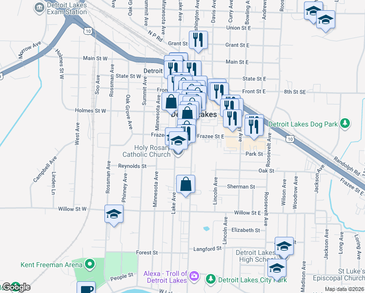 map of restaurants, bars, coffee shops, grocery stores, and more near in Detroit Lakes