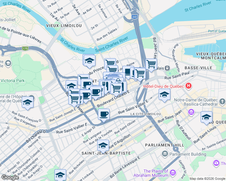 map of restaurants, bars, coffee shops, grocery stores, and more near 624 Rue Saint-Joseph Est in Québec