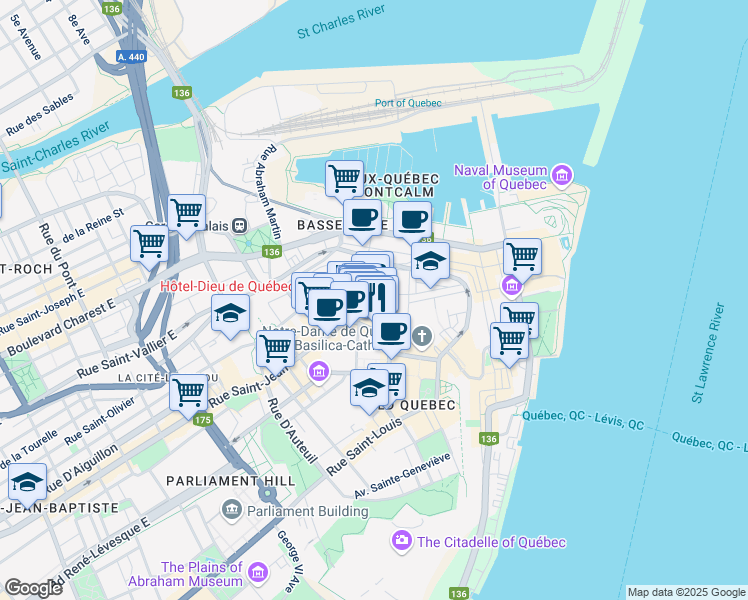map of restaurants, bars, coffee shops, grocery stores, and more near Rue Couillard in Québec