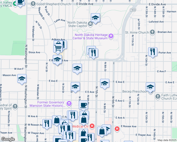 map of restaurants, bars, coffee shops, grocery stores, and more near 513 East Avenue F in Bismarck