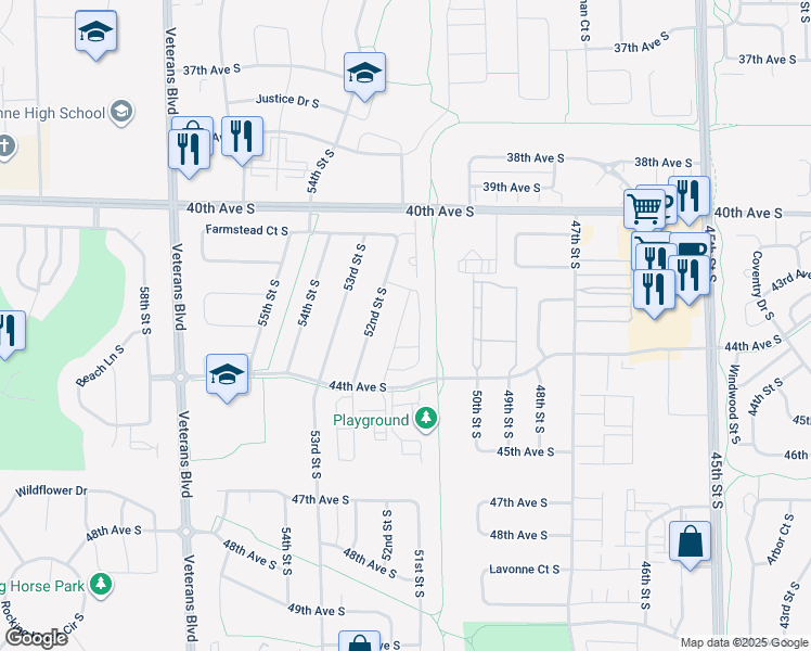 map of restaurants, bars, coffee shops, grocery stores, and more near 4285 Estate Drive South in Fargo