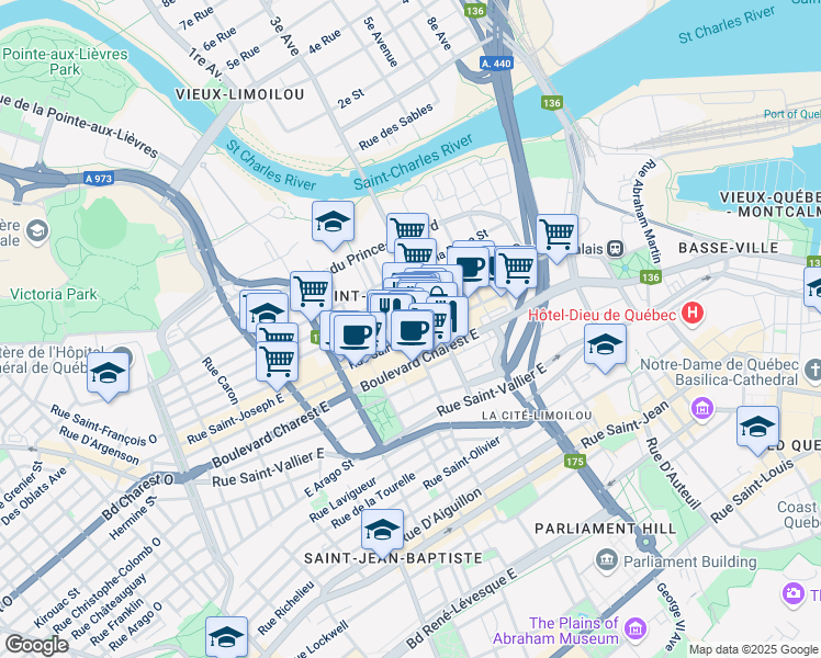map of restaurants, bars, coffee shops, grocery stores, and more near 385 Rue de la Chapelle in Québec