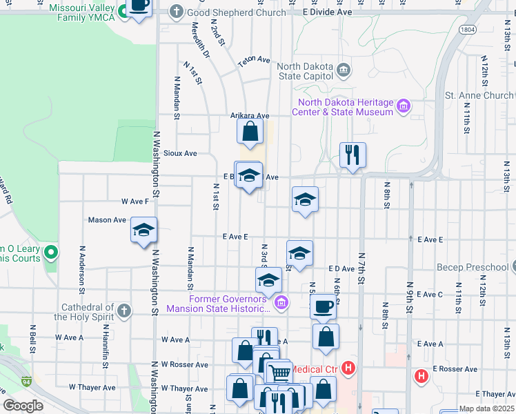 map of restaurants, bars, coffee shops, grocery stores, and more near 1025 North 2nd Street in Bismarck