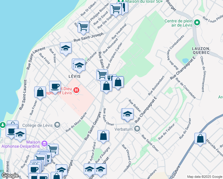 map of restaurants, bars, coffee shops, grocery stores, and more near 29 Rue Thibault in Lévis