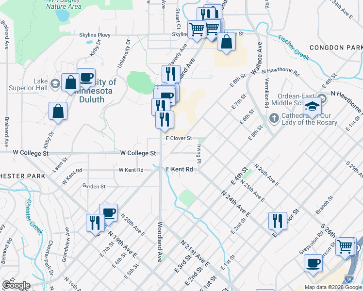 map of restaurants, bars, coffee shops, grocery stores, and more near 21 East College Street in Duluth