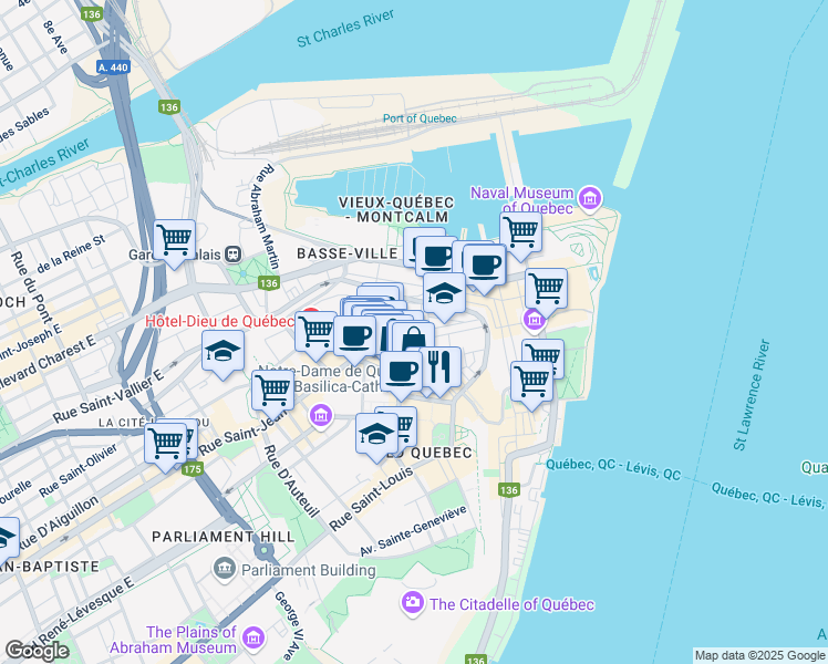 map of restaurants, bars, coffee shops, grocery stores, and more near 1 Rue Couillard in Québec