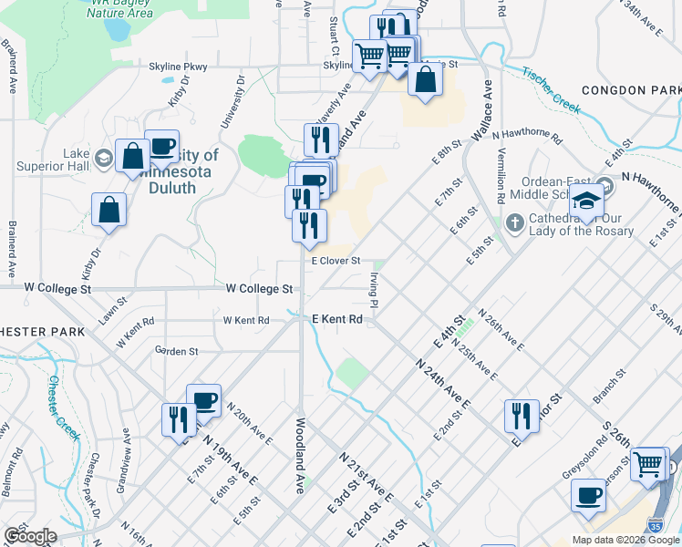 map of restaurants, bars, coffee shops, grocery stores, and more near 21 East College Street in Duluth