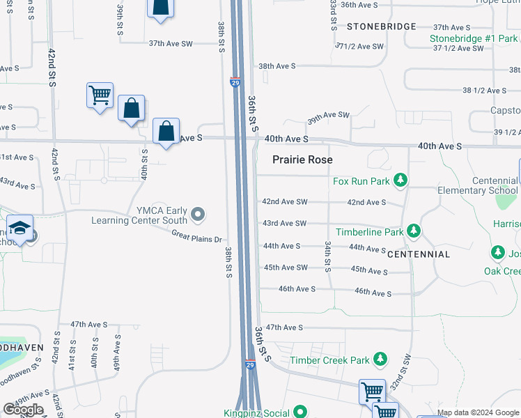 map of restaurants, bars, coffee shops, grocery stores, and more near 3385 43rd Avenue South in Fargo