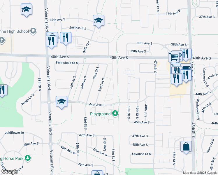 map of restaurants, bars, coffee shops, grocery stores, and more near 4285 Estate Drive South in Fargo