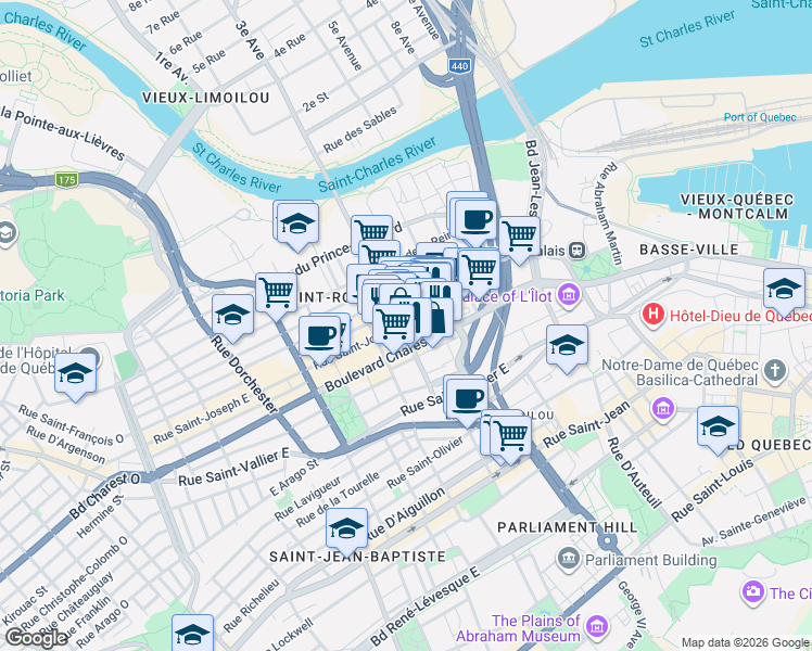 map of restaurants, bars, coffee shops, grocery stores, and more near 701 Rue Saint-Joseph Est in Québec