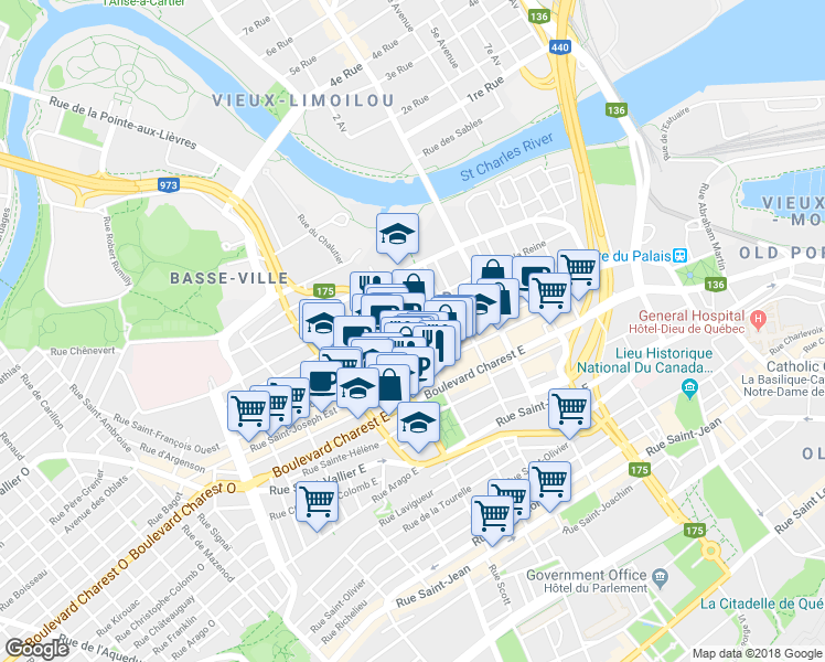 map of restaurants, bars, coffee shops, grocery stores, and more near 332 Rue du Parvis in Québec
