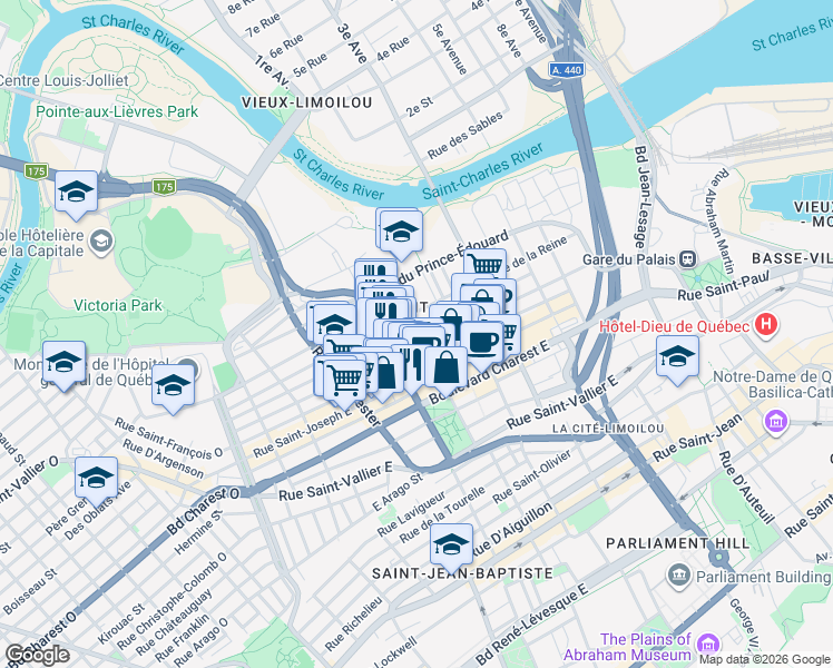 map of restaurants, bars, coffee shops, grocery stores, and more near 330 Rue du Parvis in Québec