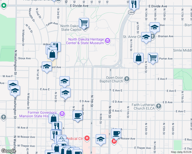 map of restaurants, bars, coffee shops, grocery stores, and more near 713 East Avenue F in Bismarck