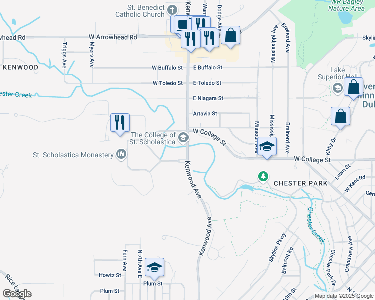 map of restaurants, bars, coffee shops, grocery stores, and more near 935 Kenwood Avenue in Duluth