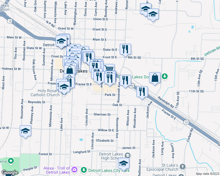 map of restaurants, bars, coffee shops, grocery stores, and more near 329 Frazee Street East in Detroit Lakes