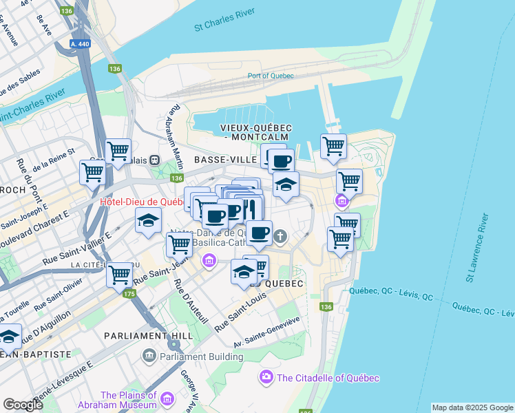 map of restaurants, bars, coffee shops, grocery stores, and more near 16 Rue Couillard in Québec