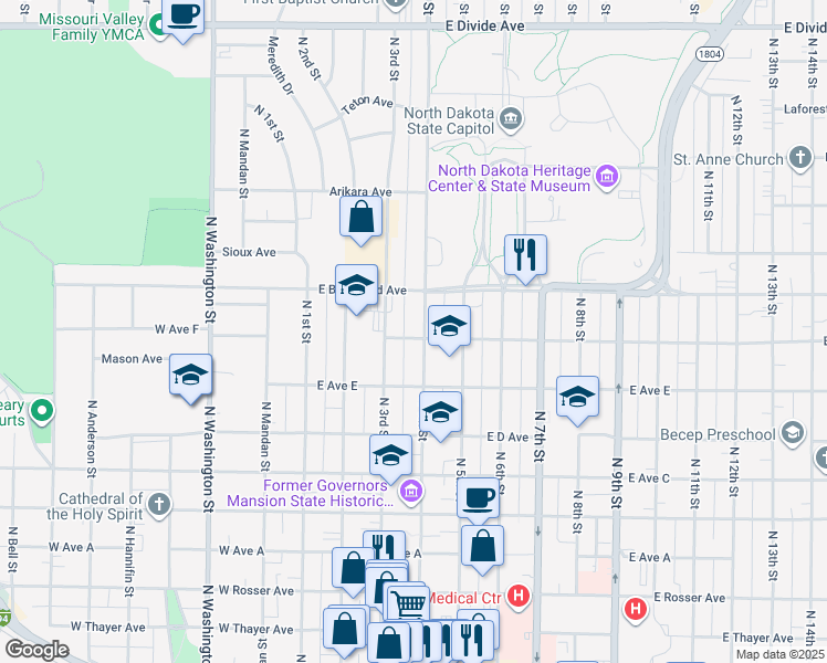 map of restaurants, bars, coffee shops, grocery stores, and more near 922 North 4th Street in Bismarck
