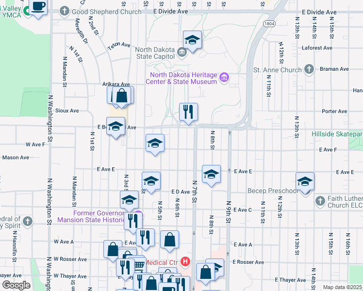 map of restaurants, bars, coffee shops, grocery stores, and more near 615 East Avenue F in Bismarck