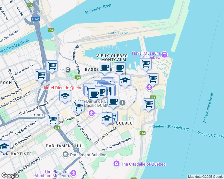 map of restaurants, bars, coffee shops, grocery stores, and more near 16 Rue Couillard in Québec