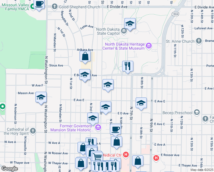 map of restaurants, bars, coffee shops, grocery stores, and more near 414 East Avenue F in Bismarck