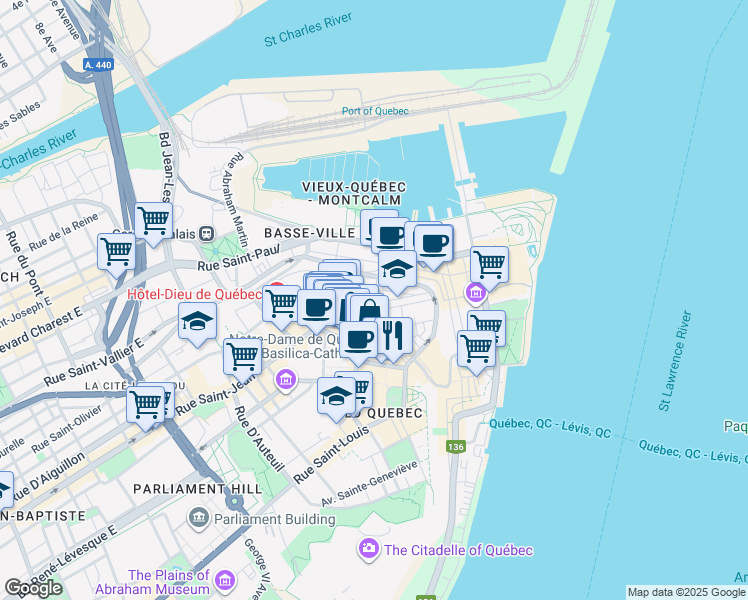map of restaurants, bars, coffee shops, grocery stores, and more near 2 Rue Sainte-Famille in Québec