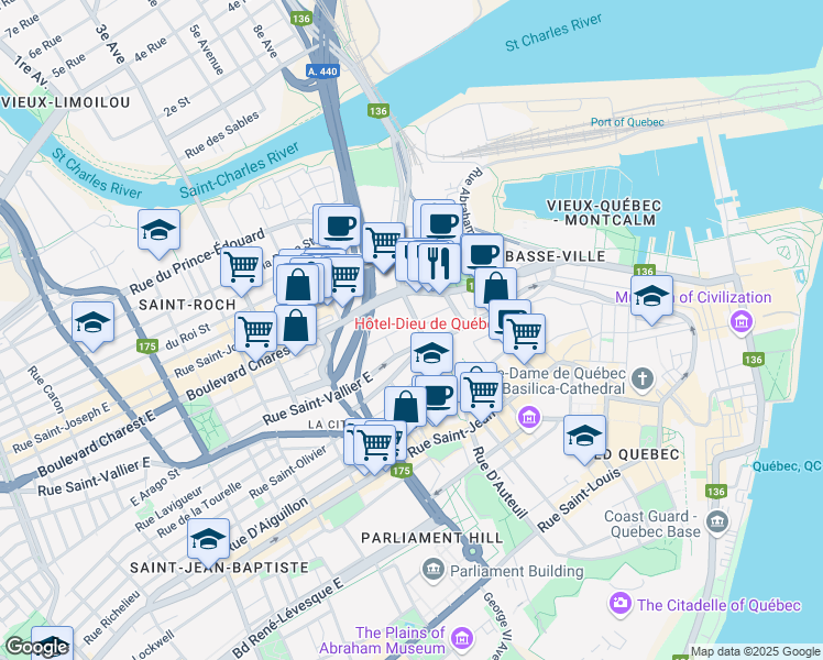 map of restaurants, bars, coffee shops, grocery stores, and more near 7 Rue Vallière in Québec