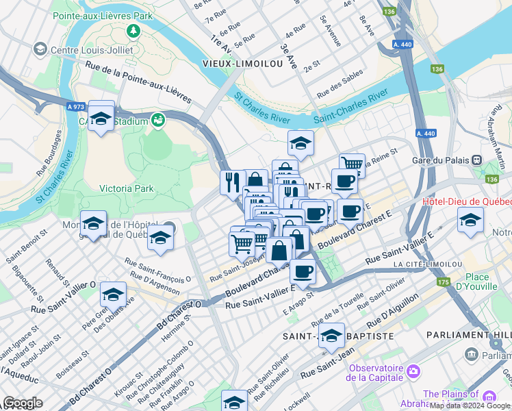 map of restaurants, bars, coffee shops, grocery stores, and more near 326 Rue des Commissaires Est in Québec