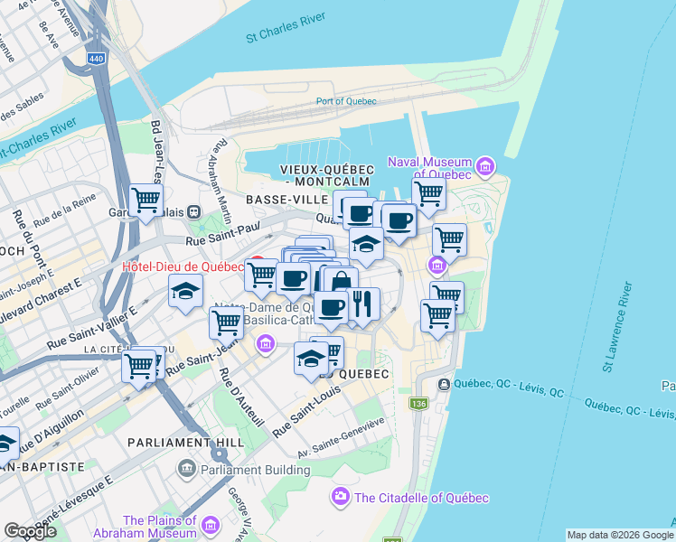 map of restaurants, bars, coffee shops, grocery stores, and more near 10 Rue Couillard in Québec