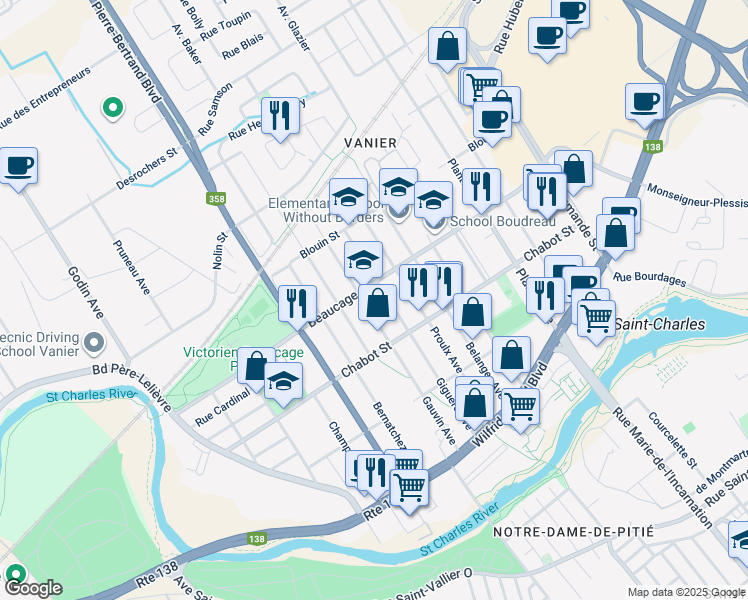 map of restaurants, bars, coffee shops, grocery stores, and more near 295 Avenue Giguère in Québec