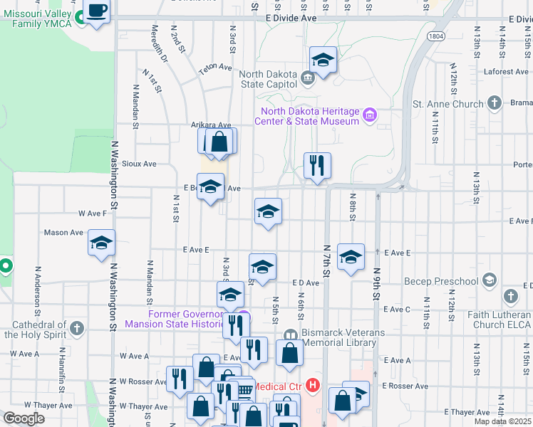 map of restaurants, bars, coffee shops, grocery stores, and more near 414 East Avenue F in Bismarck