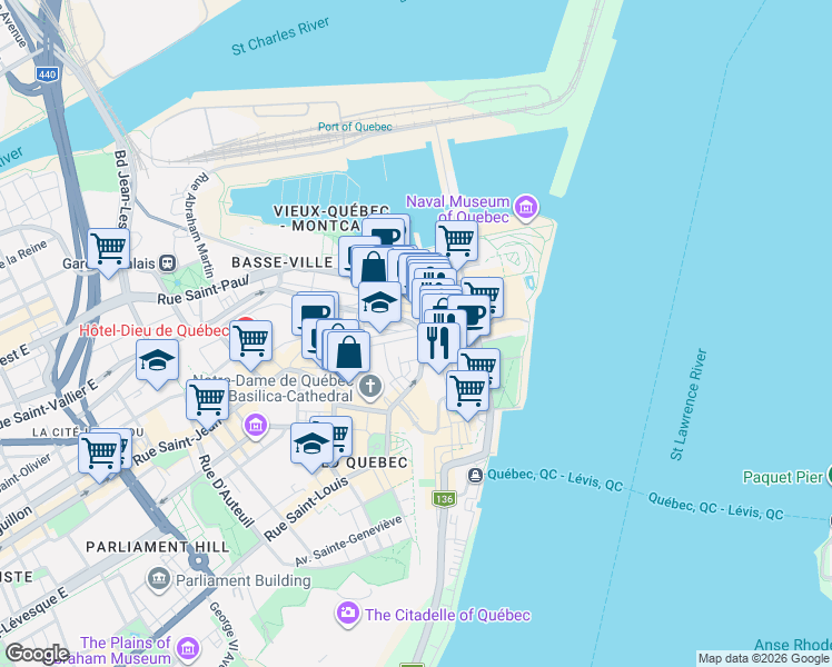 map of restaurants, bars, coffee shops, grocery stores, and more near 2 Rue des Remparts in Québec