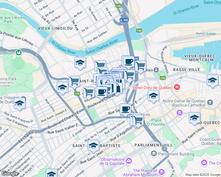 map of restaurants, bars, coffee shops, grocery stores, and more near 700 Rue Saint-Joseph Est in Québec