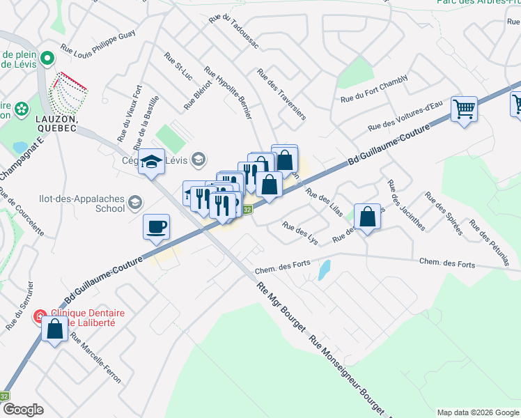 map of restaurants, bars, coffee shops, grocery stores, and more near 7640 Boulevard Guillaume-Couture in Lévis