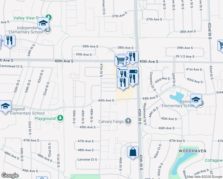 map of restaurants, bars, coffee shops, grocery stores, and more near 47th Street South in Fargo