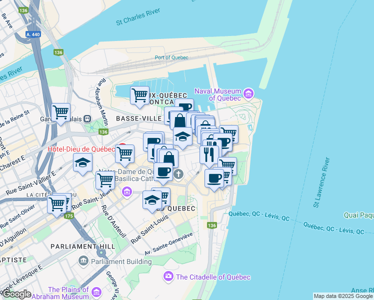 map of restaurants, bars, coffee shops, grocery stores, and more near 10 Rue Hébert in Quebec