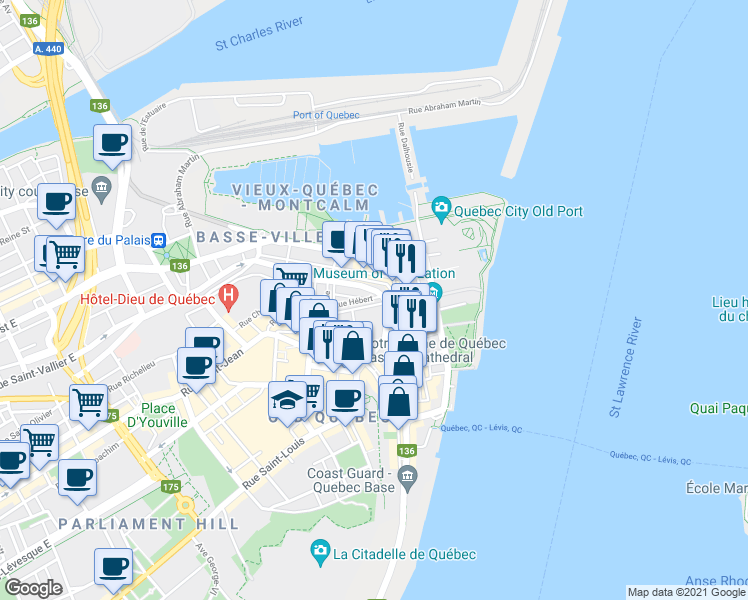 map of restaurants, bars, coffee shops, grocery stores, and more near 2 Rue Hébert in Québec