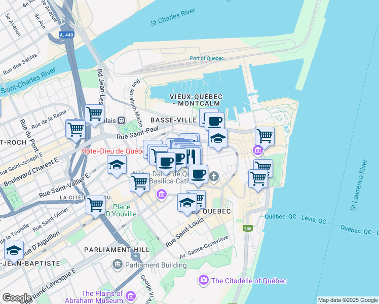 map of restaurants, bars, coffee shops, grocery stores, and more near 9 Rue Hamel in Ville de Québec