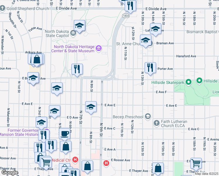 map of restaurants, bars, coffee shops, grocery stores, and more near in Bismarck