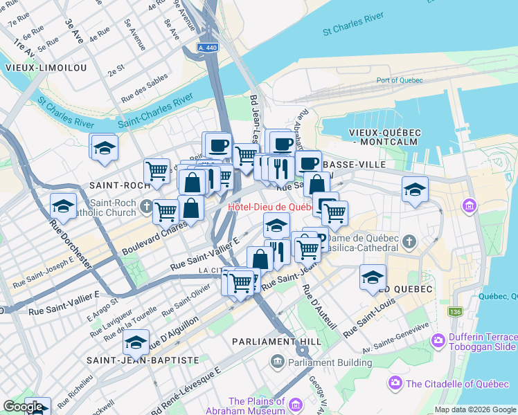 map of restaurants, bars, coffee shops, grocery stores, and more near 938 Rue des Prairies in Québec