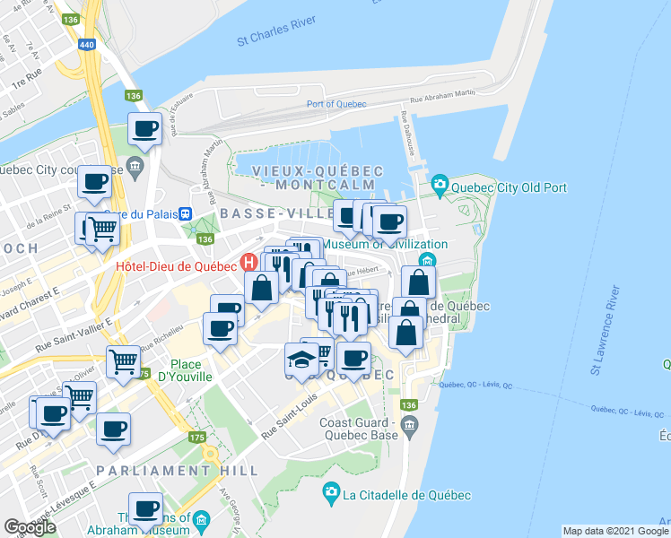 map of restaurants, bars, coffee shops, grocery stores, and more near 12 Rue Sainte-Famille in Québec