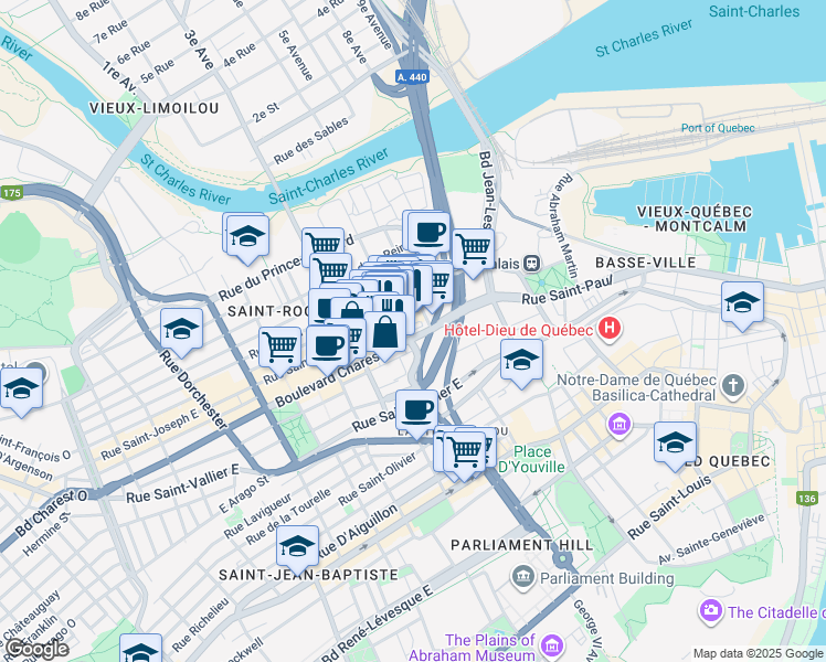 map of restaurants, bars, coffee shops, grocery stores, and more near in Québec City