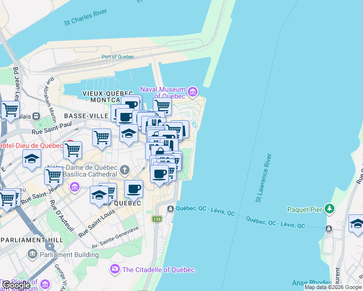map of restaurants, bars, coffee shops, grocery stores, and more near 76 Rue Dalhousie in Québec