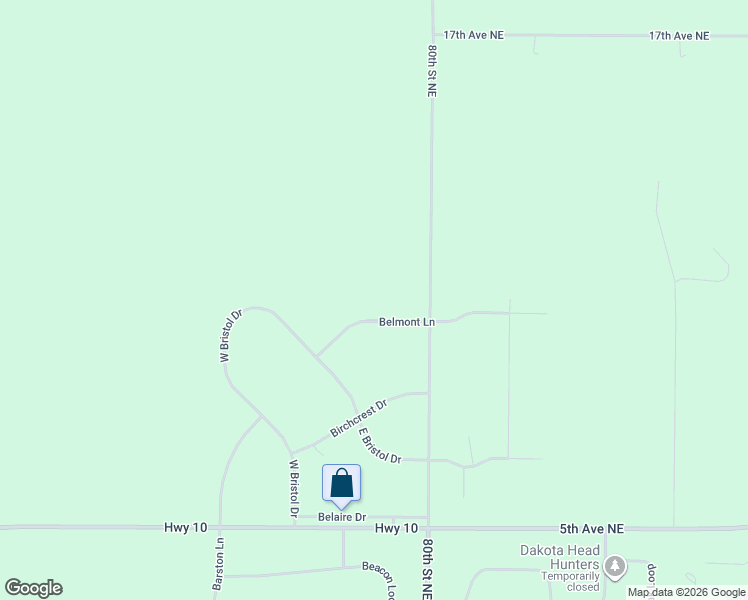 map of restaurants, bars, coffee shops, grocery stores, and more near 7701-7907 Belmont Lane in Bismarck