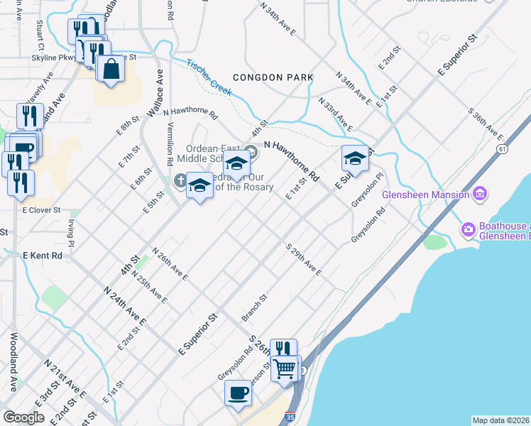 map of restaurants, bars, coffee shops, grocery stores, and more near 2901 East Superior Street in Duluth